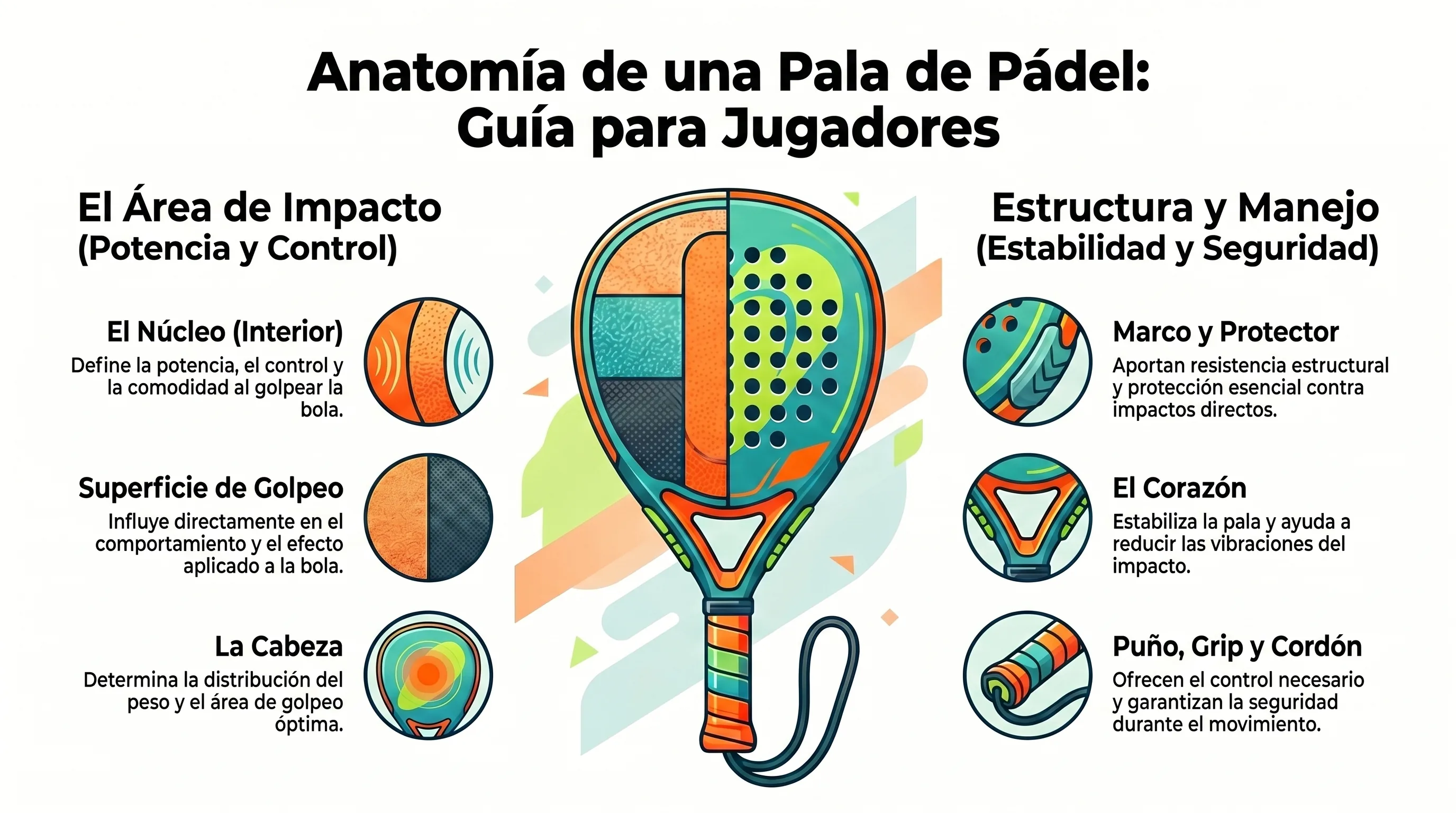Anatomía de una Pala de Pádel: Guía para Jugadores — núcleo, superficie, cabeza, marco, corazón, puño y grip.