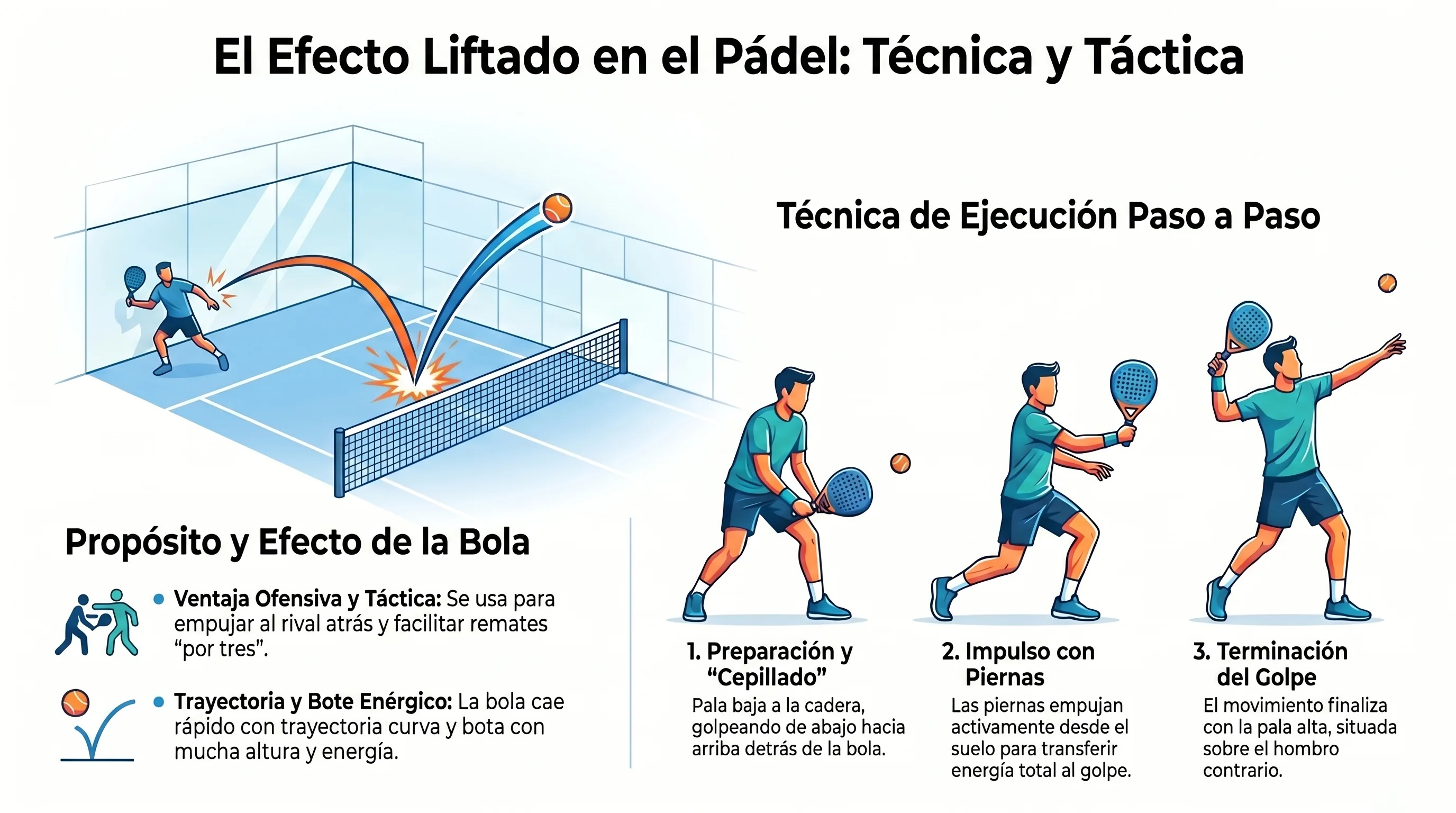 El efecto liftado (topspin) en pádel: bote alto y acelerado tras el impacto.