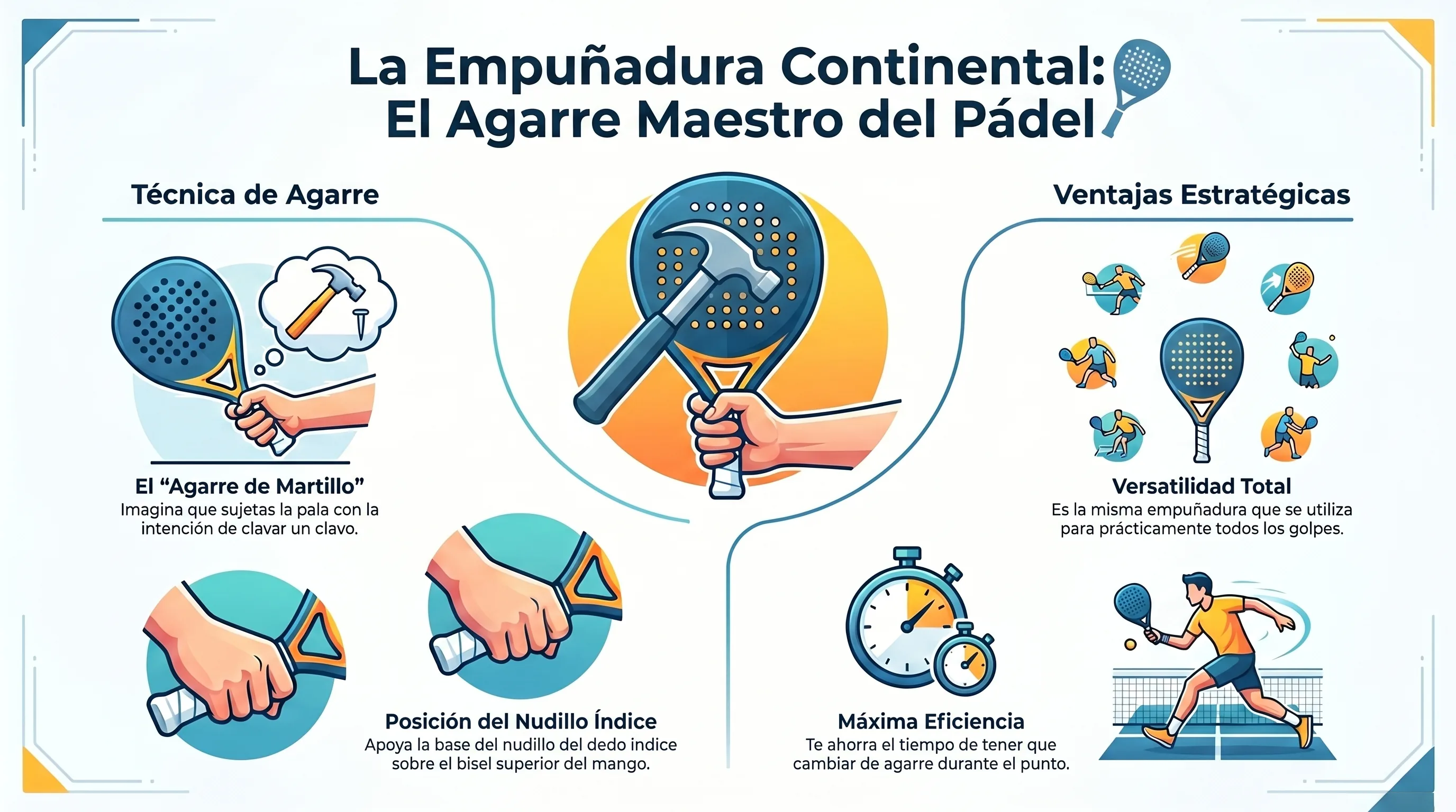 Empuñadura continental en pádel: el nudillo del índice se apoya sobre el bisel 2.