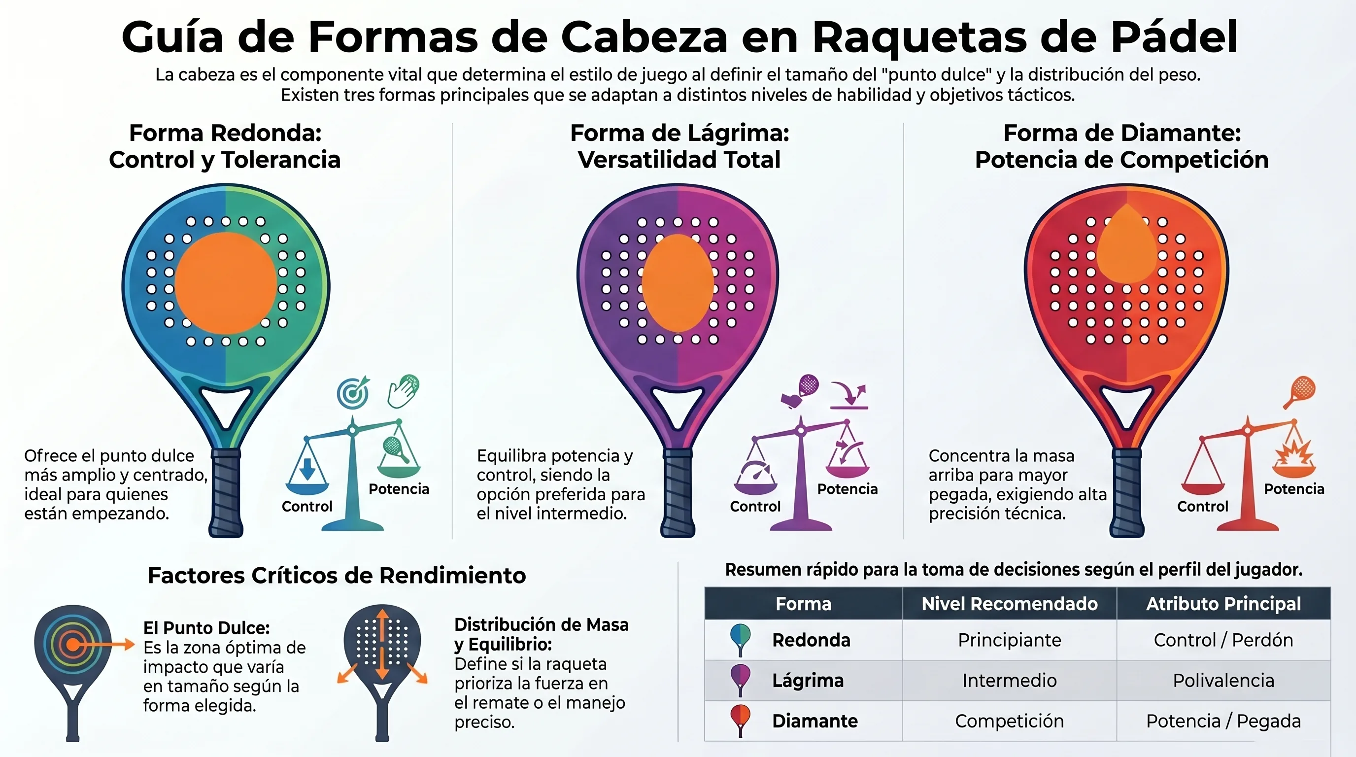 Guía de Formas de Cabeza en Raquetas de Pádel: redonda (control), lágrima (versatilidad) y diamante (potencia).
