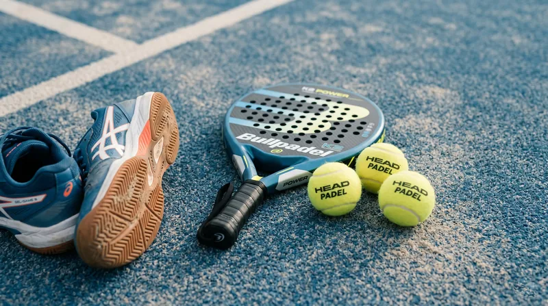 Raqueta de pádel, pelotas amarillas y zapatillas con suela de espiga sobre la superficie de una pista de pádel