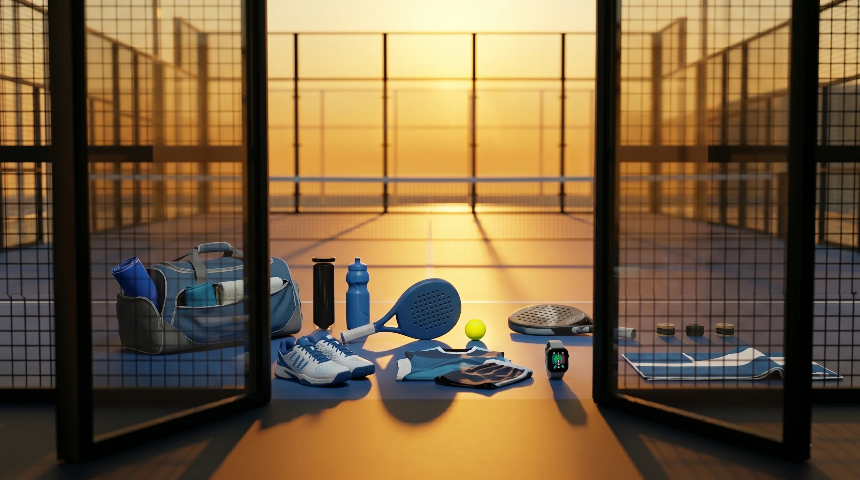 Pista de pádel vista a través de una puerta abierta al atardecer, con una pala y una pelota apoyadas en el centro listas para empezar a jugar