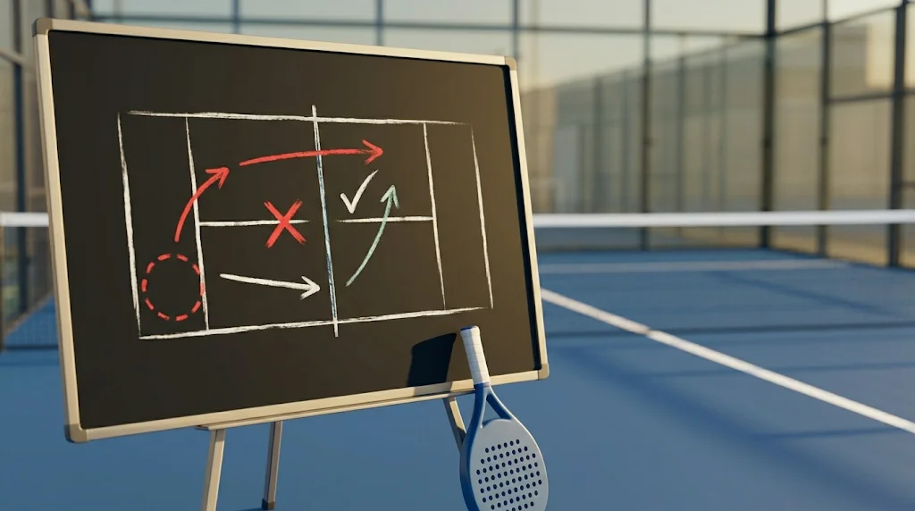 Pizarra táctica de pádel con diagrama de errores comunes y movimientos correctos en una pista al fondo