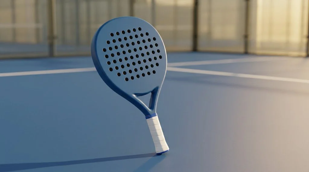 Pala de pádel azul de forma redondeada apoyada sobre la superficie de una pista, vista en perspectiva