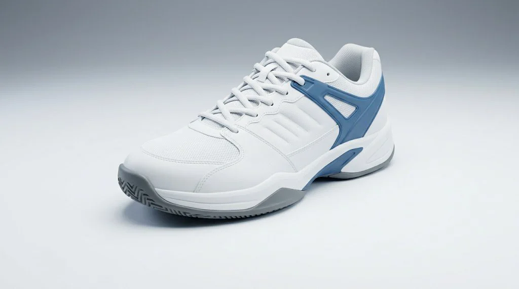 Zapatilla de pádel blanca con acentos azules y suela de espiga visible, sobre fondo neutro de estudio