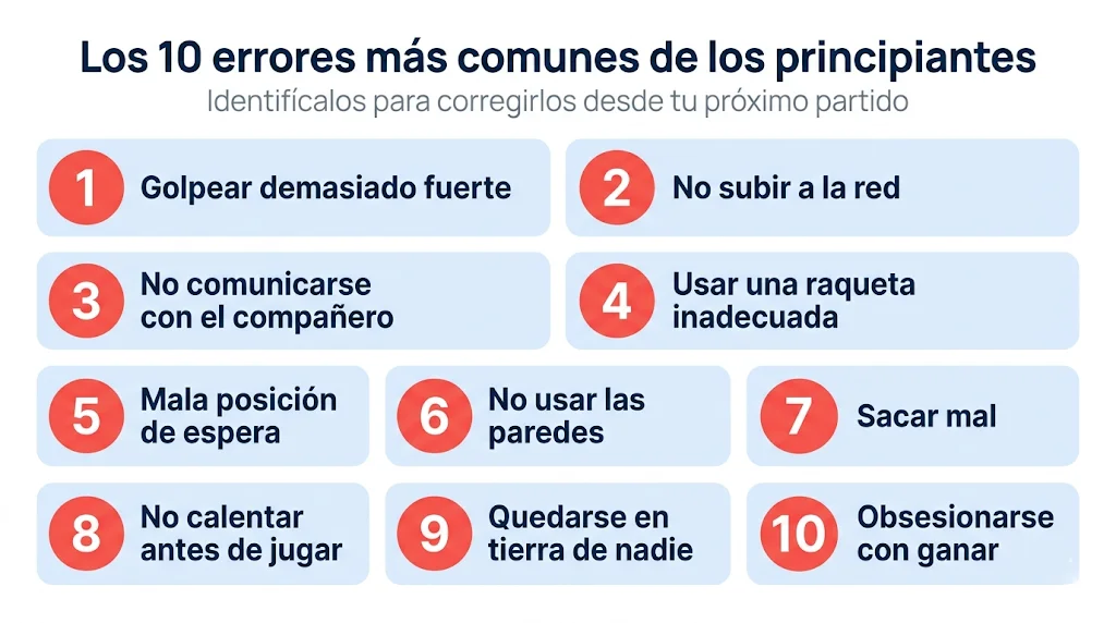 Resumen visual de los 10 errores más comunes que cometen los principiantes en pádel