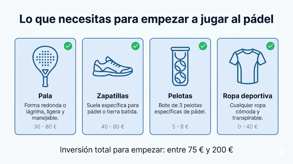 Equipación básica para empezar a jugar al pádel: pala, zapatillas, pelotas y ropa con precios orientativos