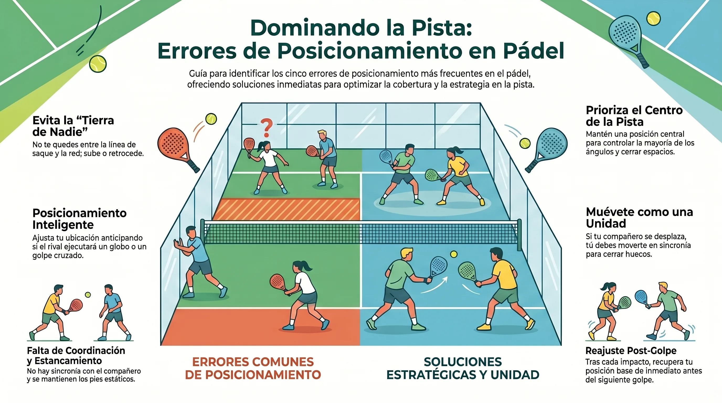 Infografía errores de posición más comunes en pádel: tierra de nadie, no moverse juntos, pegarse a las paredes