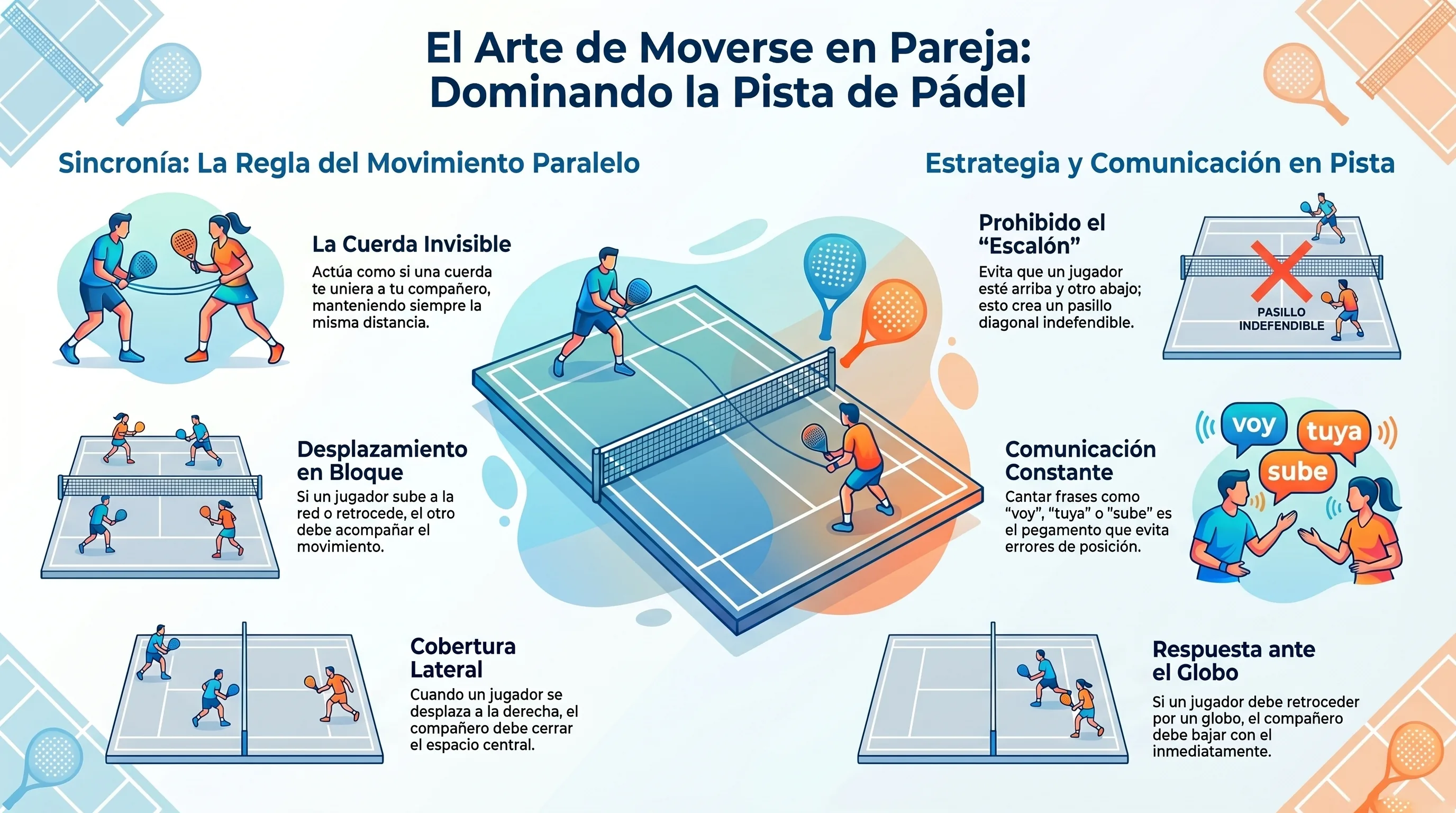 Infografía movimiento en pareja en pádel: subir juntos, bajar juntos, cuerda invisible