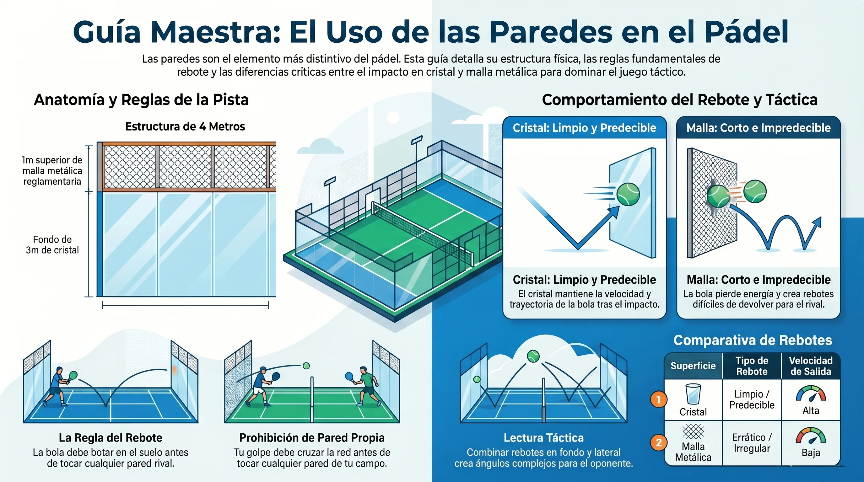 Infografía paredes del pádel: cristal y malla metálica, rebotes válidos e inválidos