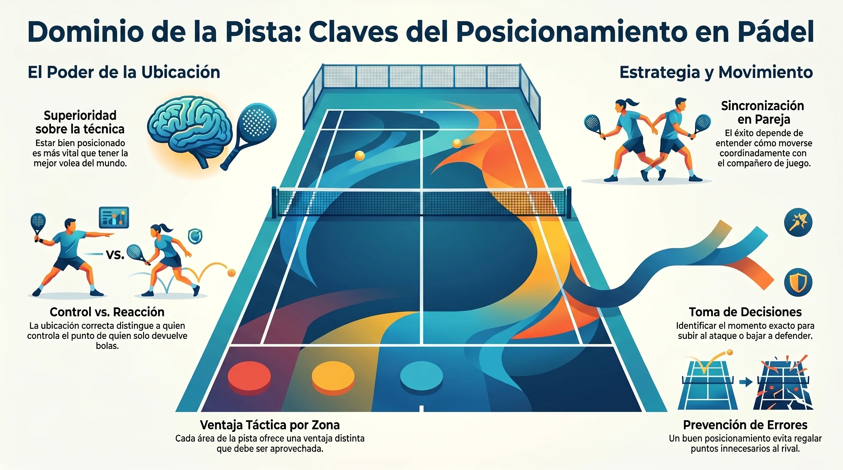 Infografía posicionamiento en pista de pádel: zonas de ataque, defensa y tierra de nadie