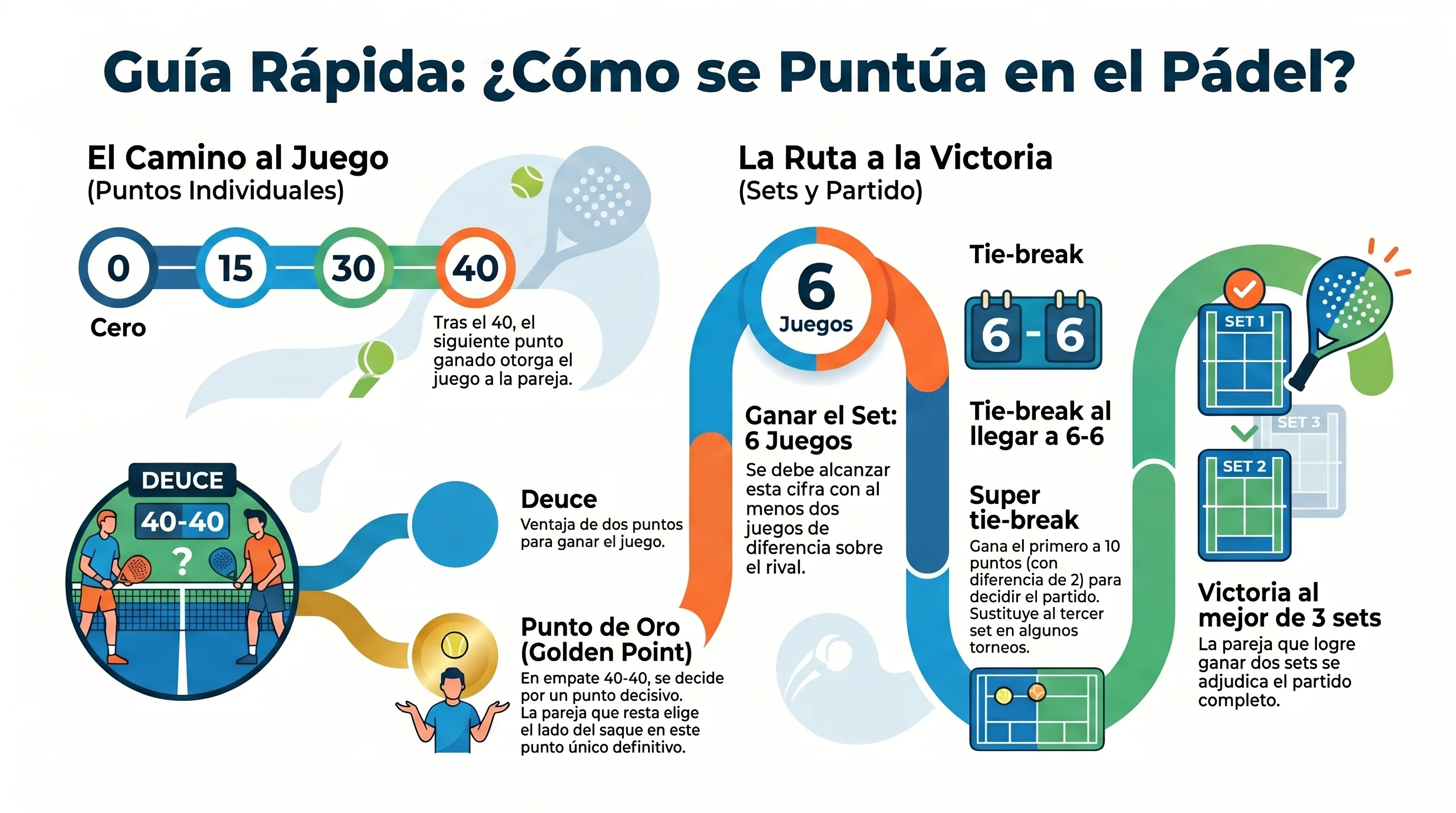 Infografía sistema de puntuación del pádel: puntos, juegos, sets y tie-break