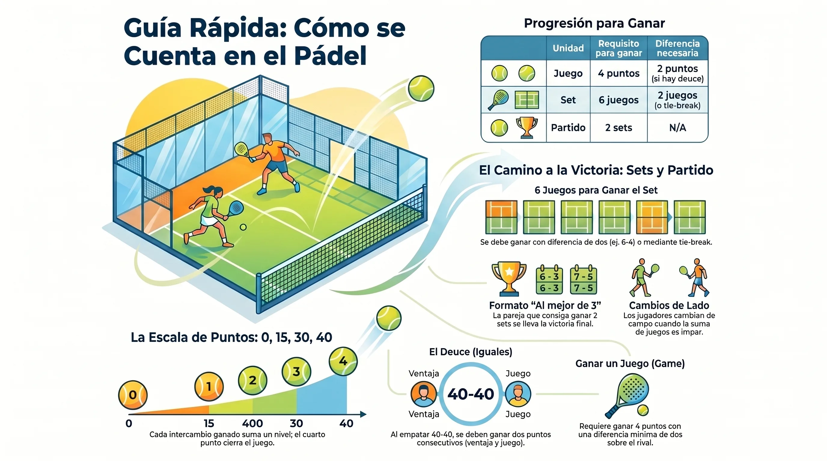 Infografía sistema de puntuación del pádel: 0, 15, 30, 40, iguales, ventaja y juego