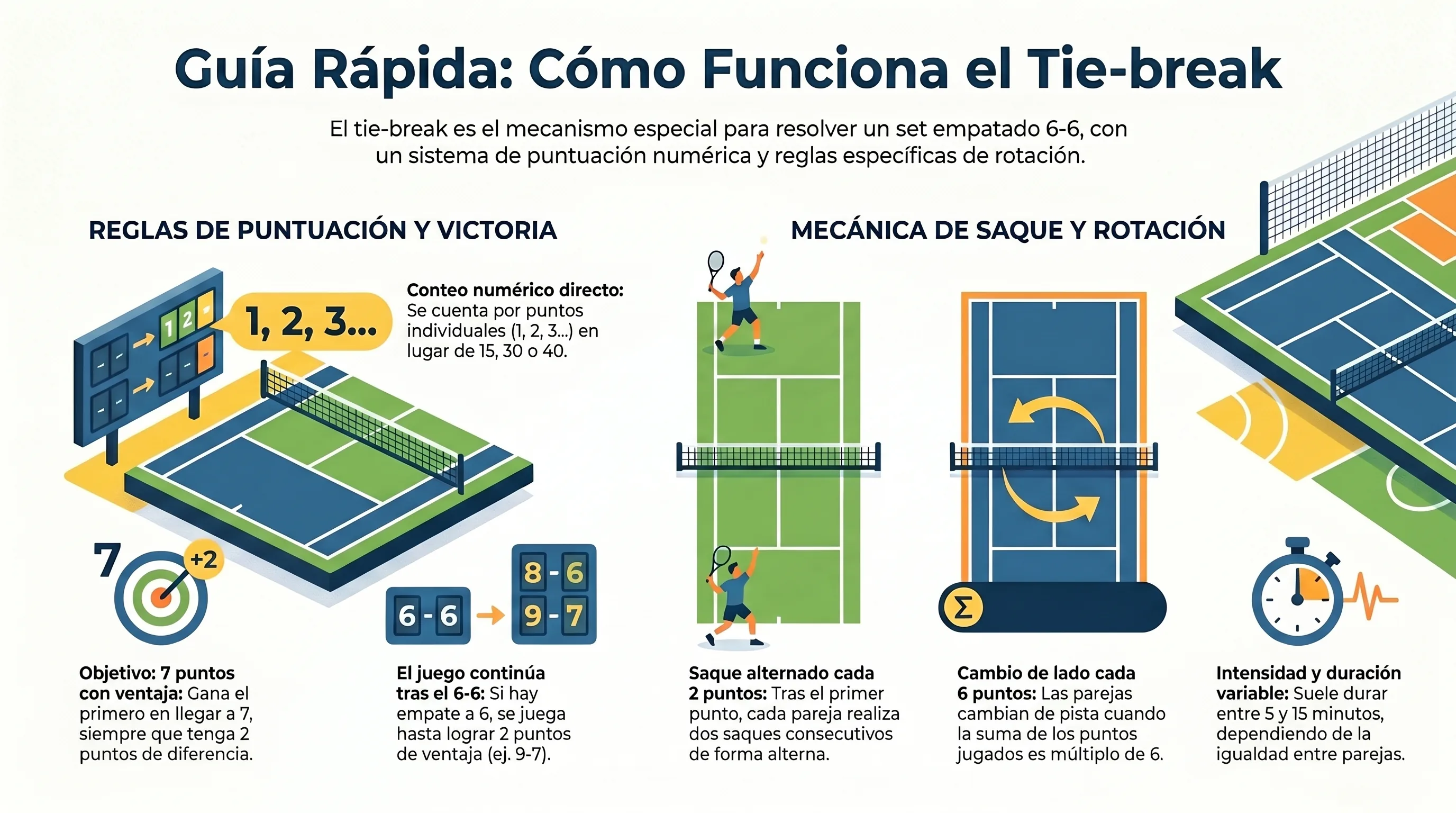 Infografía tie-break en pádel: cómo se cuentan los puntos, cambios de saque y cambios de lado