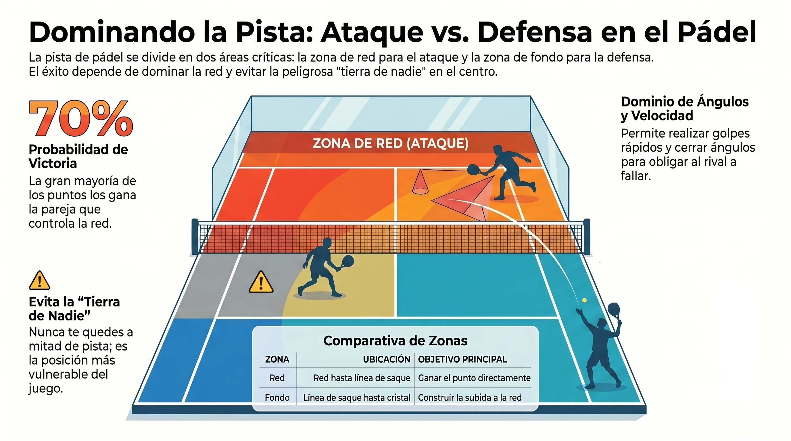 Infografía zonas de la pista de pádel: zona de ataque (red) y zona de defensa (fondo)