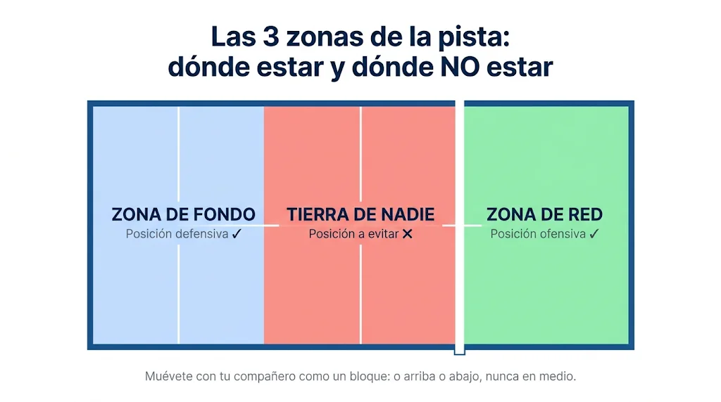 Las 3 zonas tácticas de una pista de pádel: zona de red (ofensiva), tierra de nadie (a evitar) y zona de fondo (defensiva)
