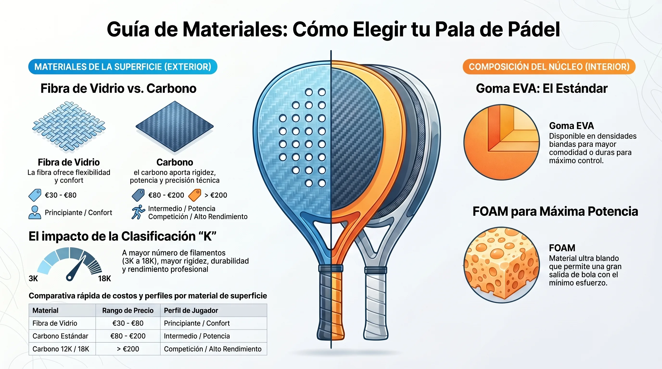 Materiales de raquetas de pádel: fibra de vidrio, carbono 3K, 12K y 18K, y núcleos EVA y FOAM.