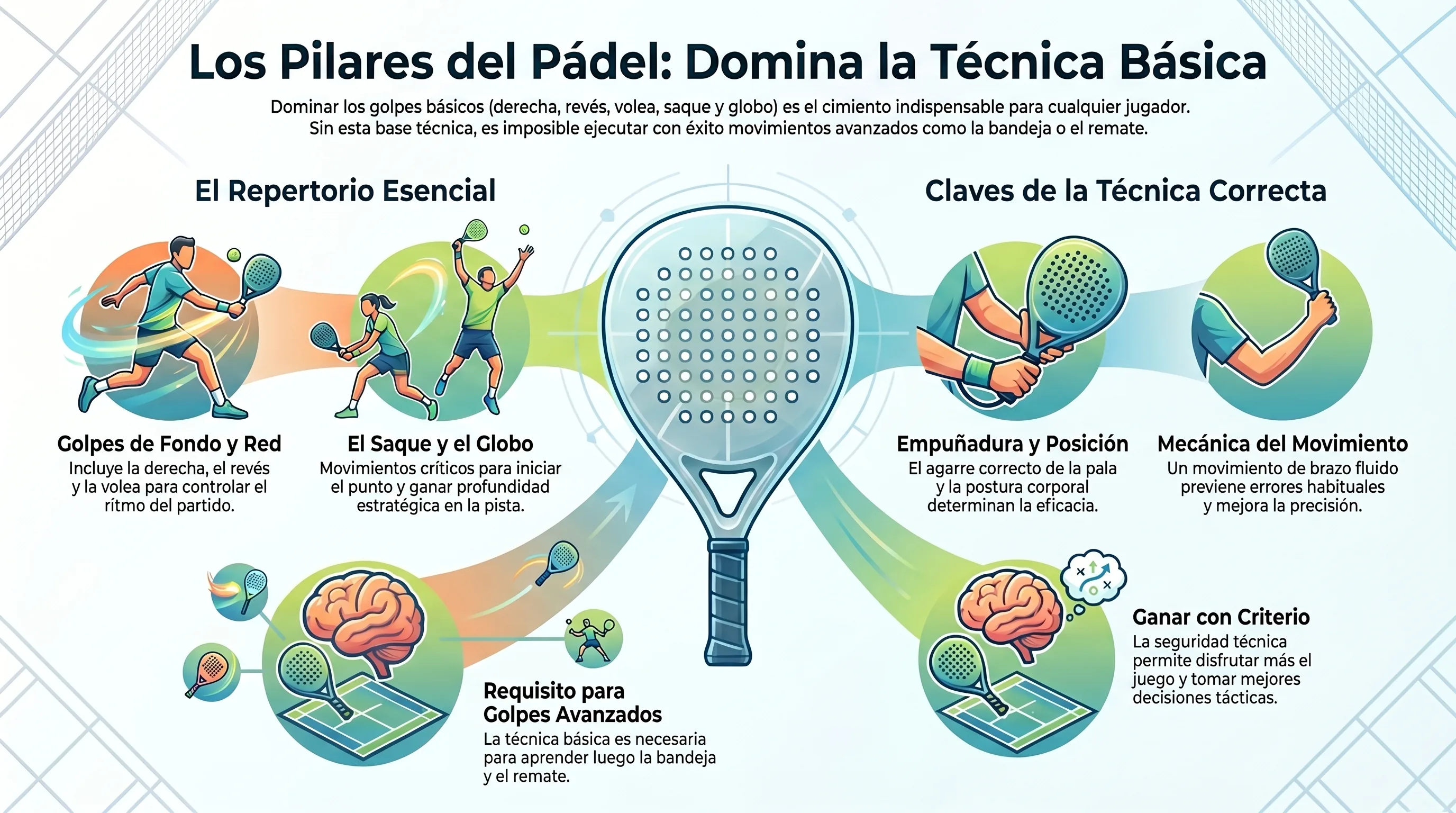 Los pilares de los golpes básicos del pádel: derecha, revés, volea, saque, globo y salida de pared.