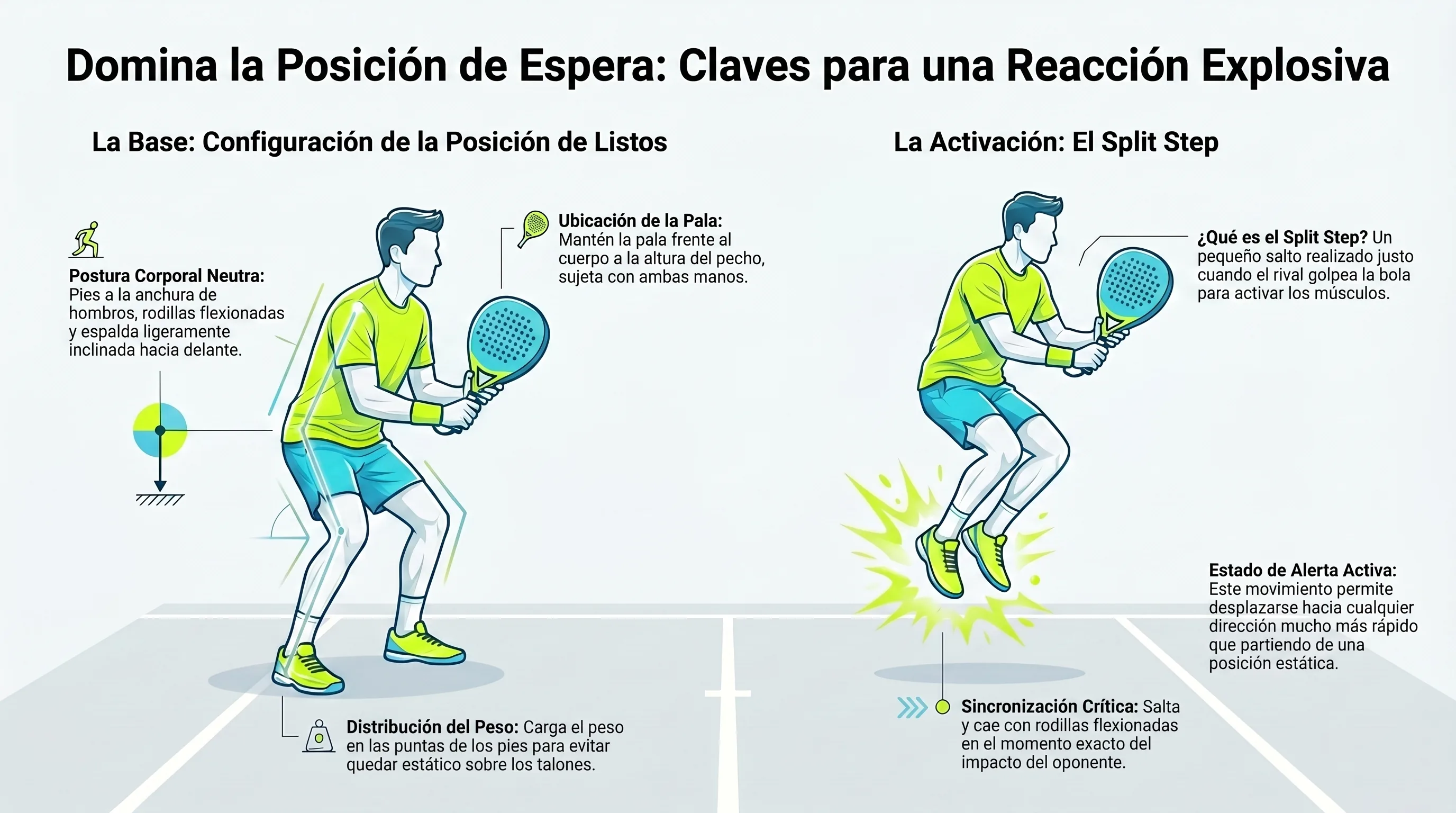 La posición de espera en pádel: pies, rodillas, pala y distribución del peso.