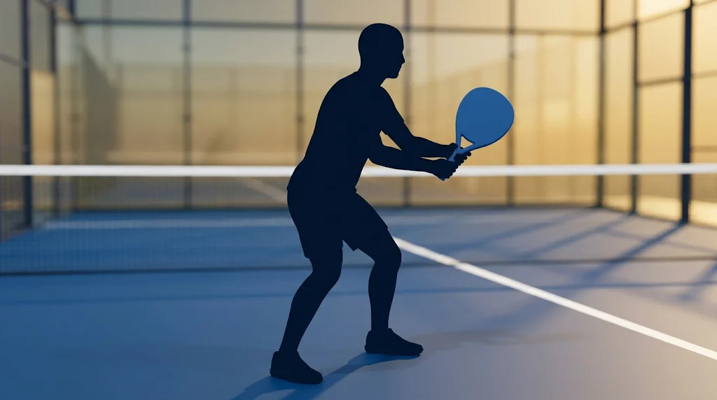Postura correcta de espera en pádel: cuerpo inclinado adelante, rodillas flexionadas, pala al pecho lista para reaccionar