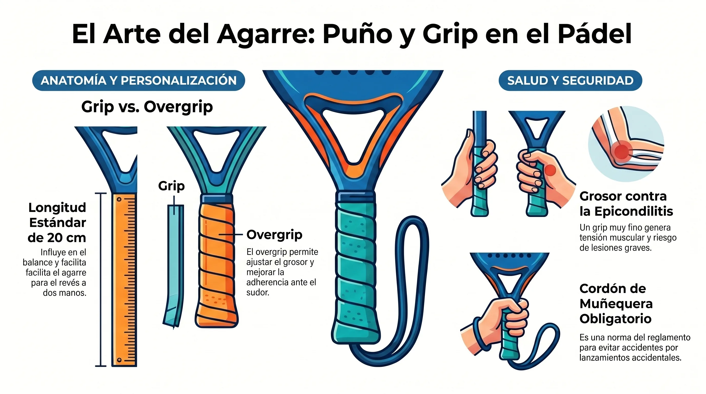 El Arte del Agarre: puño y grip en el pádel — grip vs overgrip, longitud estándar 20cm, epicondilitis y cordón de muñequera.