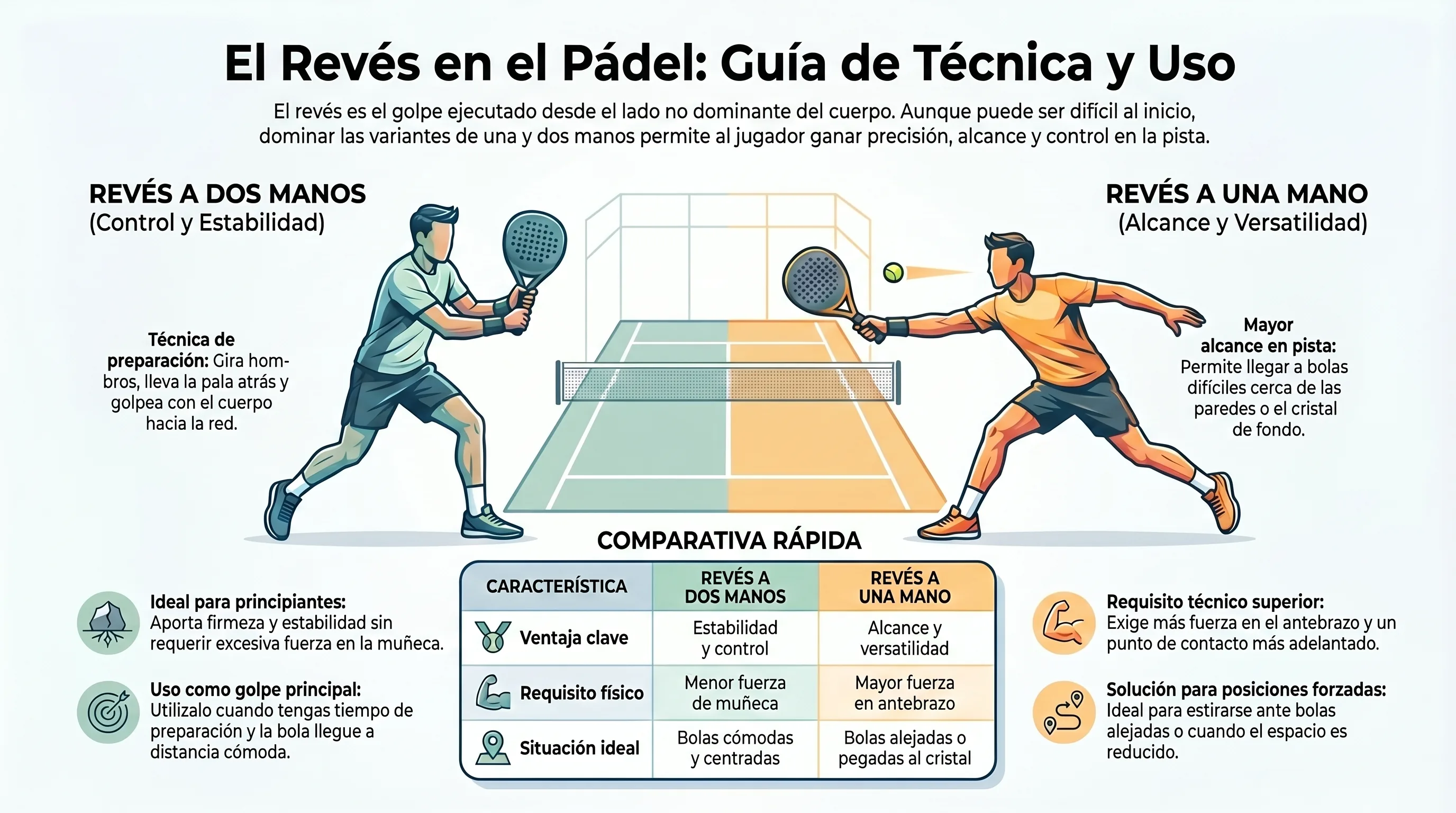 Técnica del revés en pádel: revés a una mano como golpe principal.