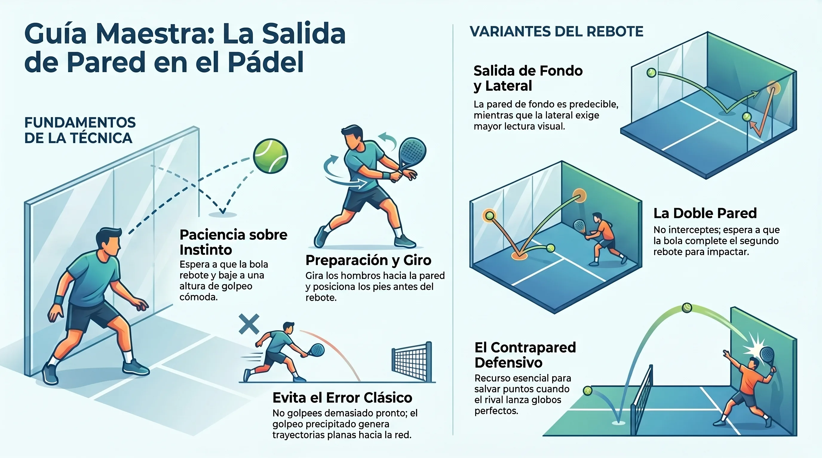 Salida de pared en pádel: orientación del cuerpo y dejar botar la pelota antes del impacto.