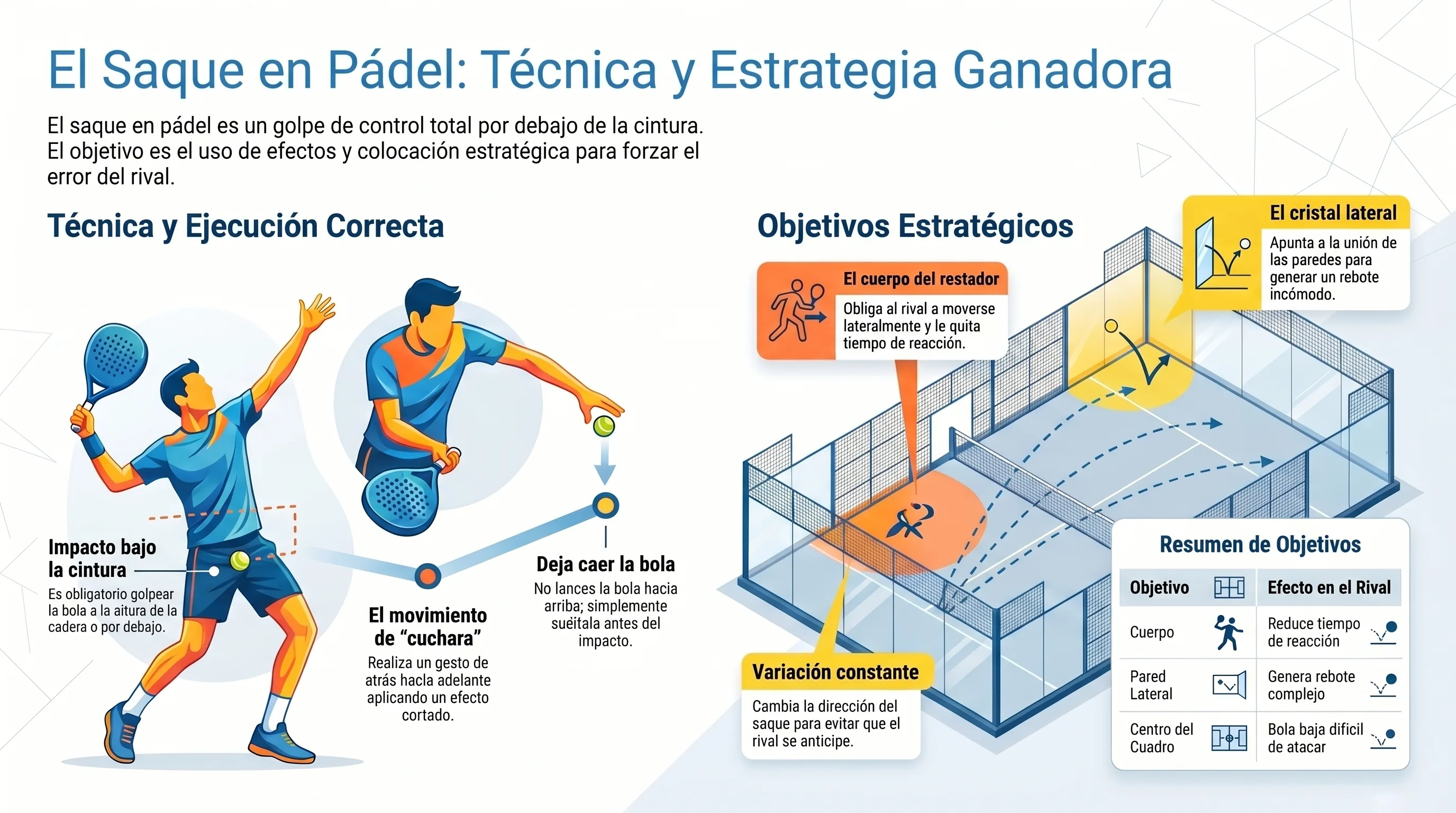 Los tres objetivos del saque en pádel: T central, pared lateral y cuerpo del rival.