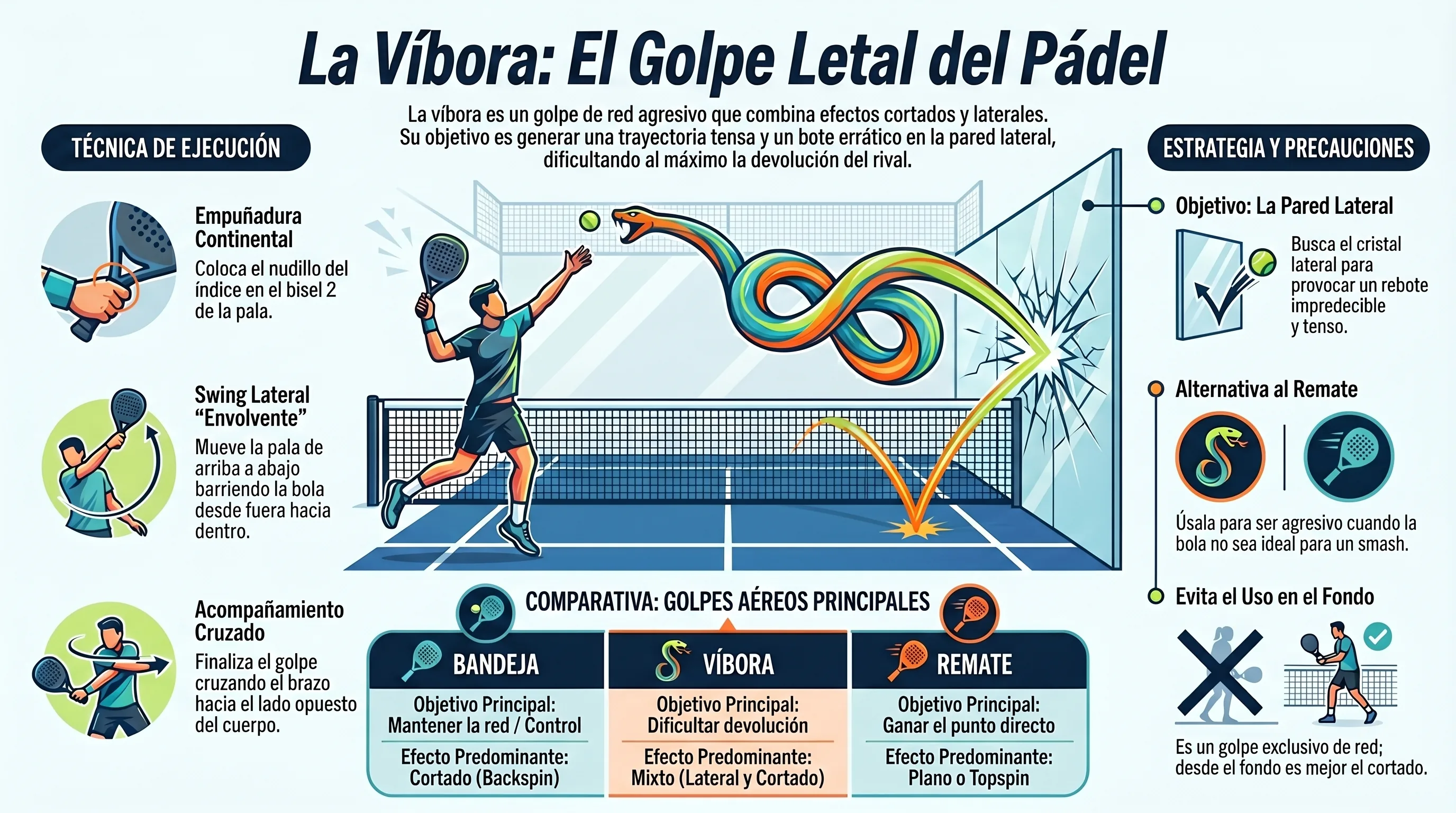 La víbora en pádel: técnica de ejecución, trayectoria y comparativa con bandeja y remate.