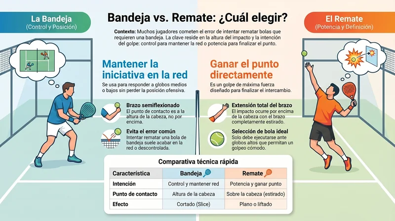Comparativa visual entre bandeja y remate en pádel: intención, efecto, trayectoria y posición tras el golpe.