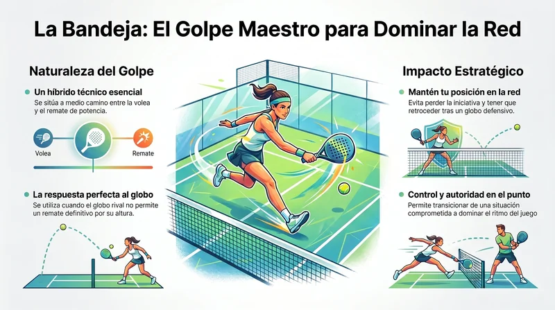Infografía sobre la bandeja en pádel: qué es, cuándo usarla y posición en la red.