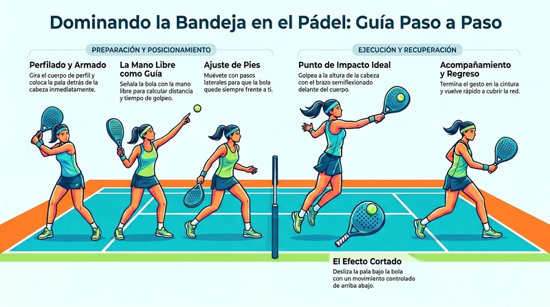 Técnica de la bandeja en pádel paso a paso: perfilado, punto de contacto, gesto y acompañamiento.