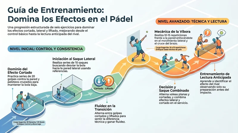 Guía visual de los efectos en pádel: cortado, liftado, lateral y víbora.