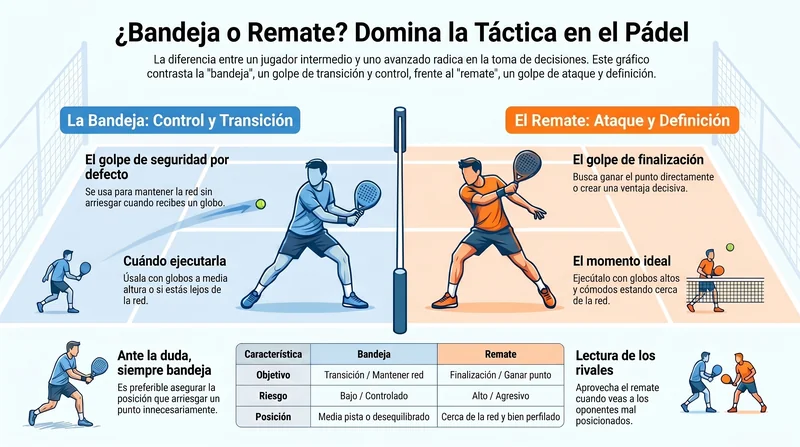 Cuándo rematar y cuándo hacer bandeja en pádel: árbol de decisión táctica.