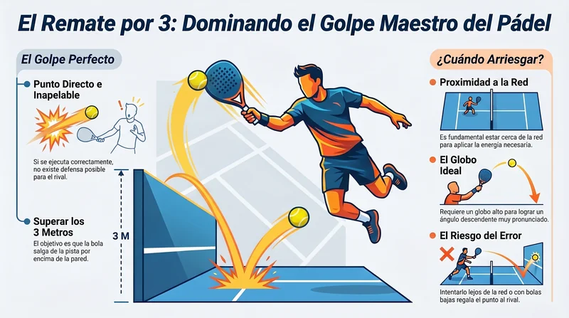 El remate por tres en pádel: trayectoria, zona de bote y técnica para superar el cristal.