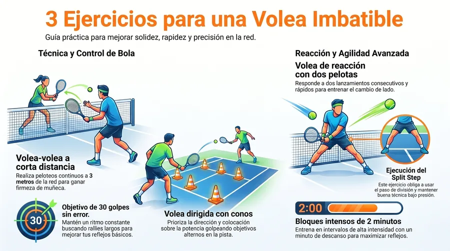 Ejercicios para mejorar la volea en pádel: volea-volea, dirigida con conos y de reacción.