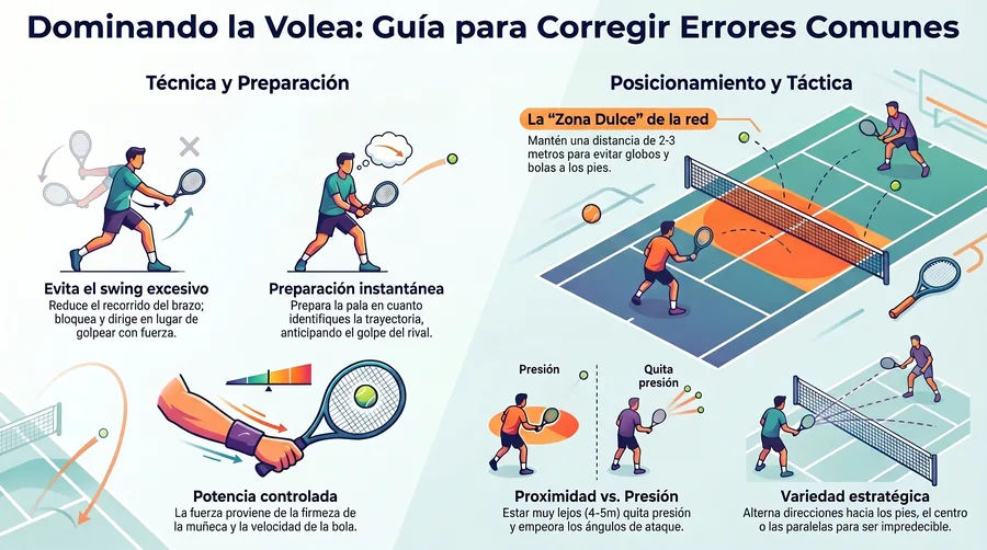 Errores comunes en la volea de pádel: demasiado swing, preparación tardía y posición incorrecta en la red.