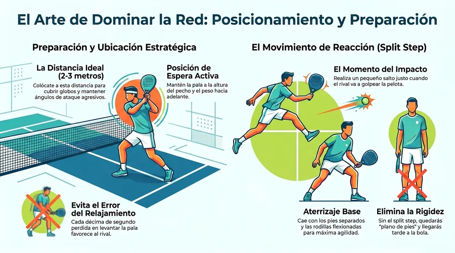 Posición correcta en la red para volear en pádel: distancia, split step y posición de espera.